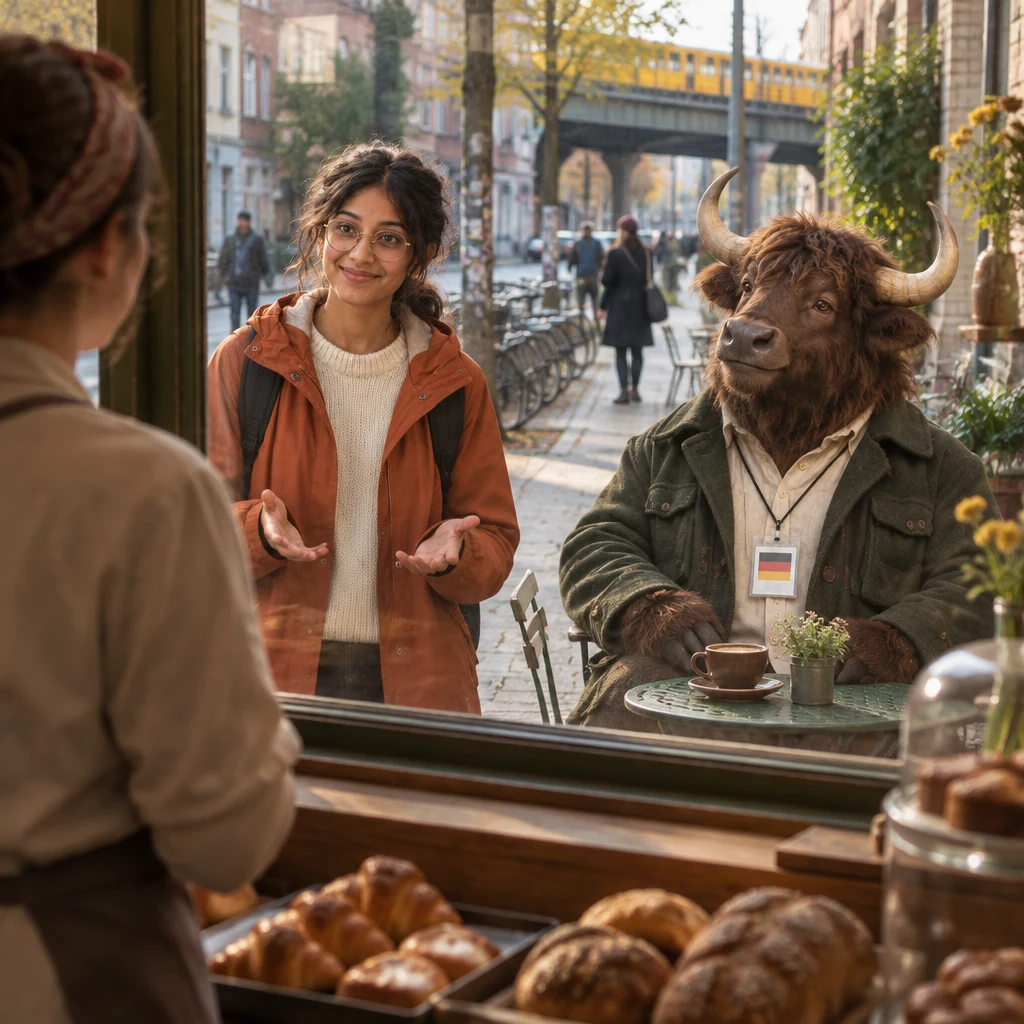 From inside the window, Priya faces the clerk with open hands as Anton watches from the chairs.