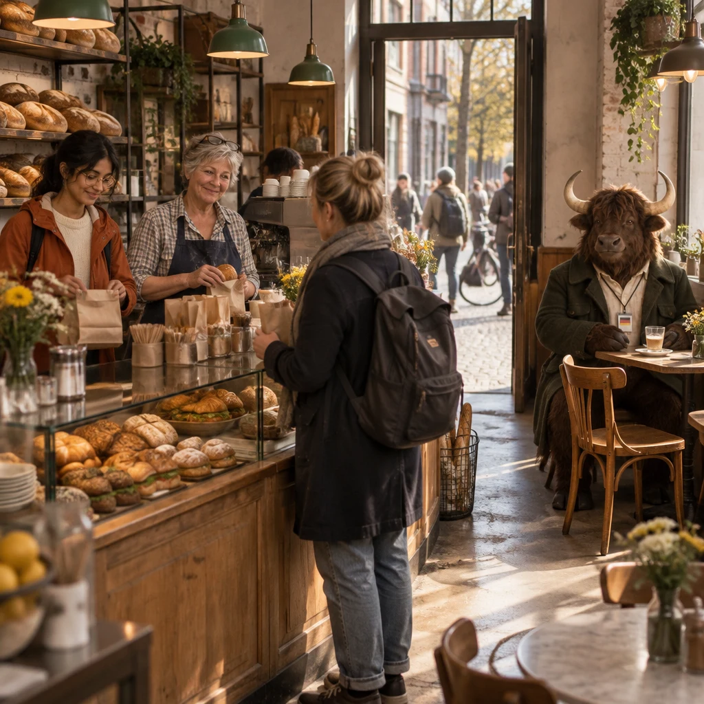 Priya and Renate work the busy bakery counter as a tourist holds a paper bag and Anton sits at the corner table.