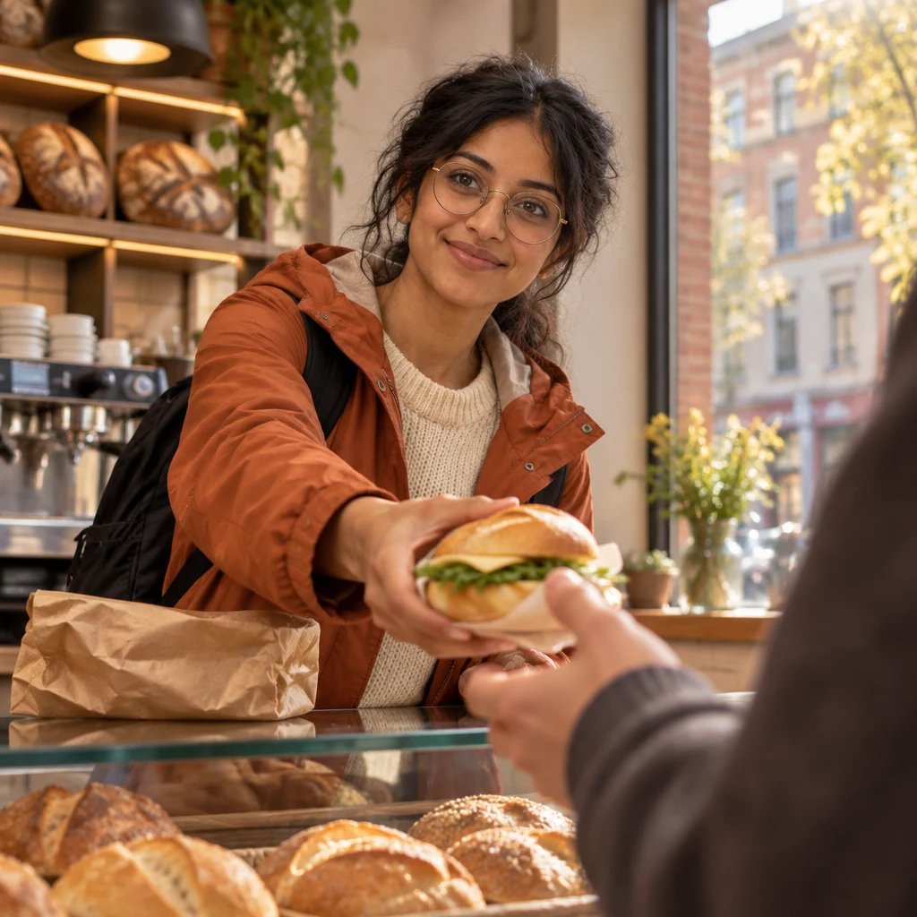 Priya offers the tourist a fresh cheese roll as an exchange.