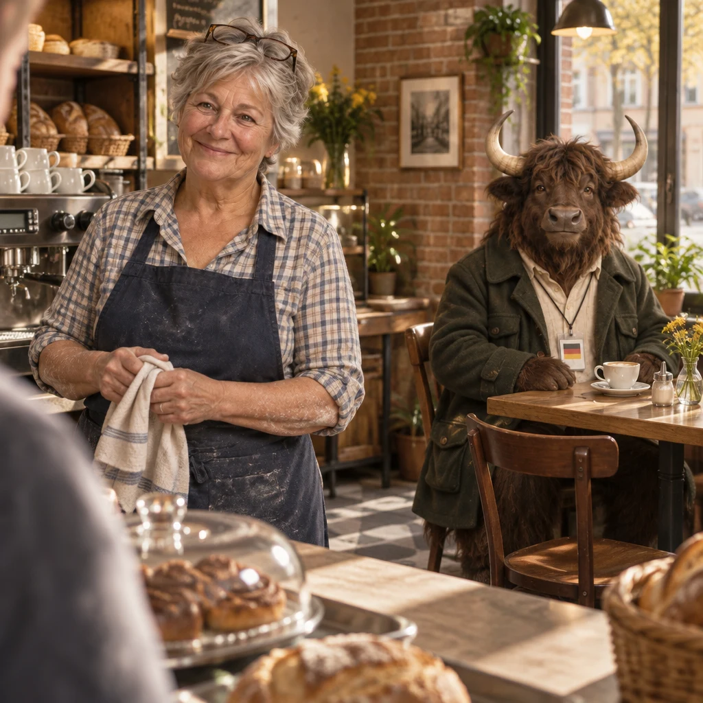 Renate stands attentively at the counter while Anton watches from the corner table.