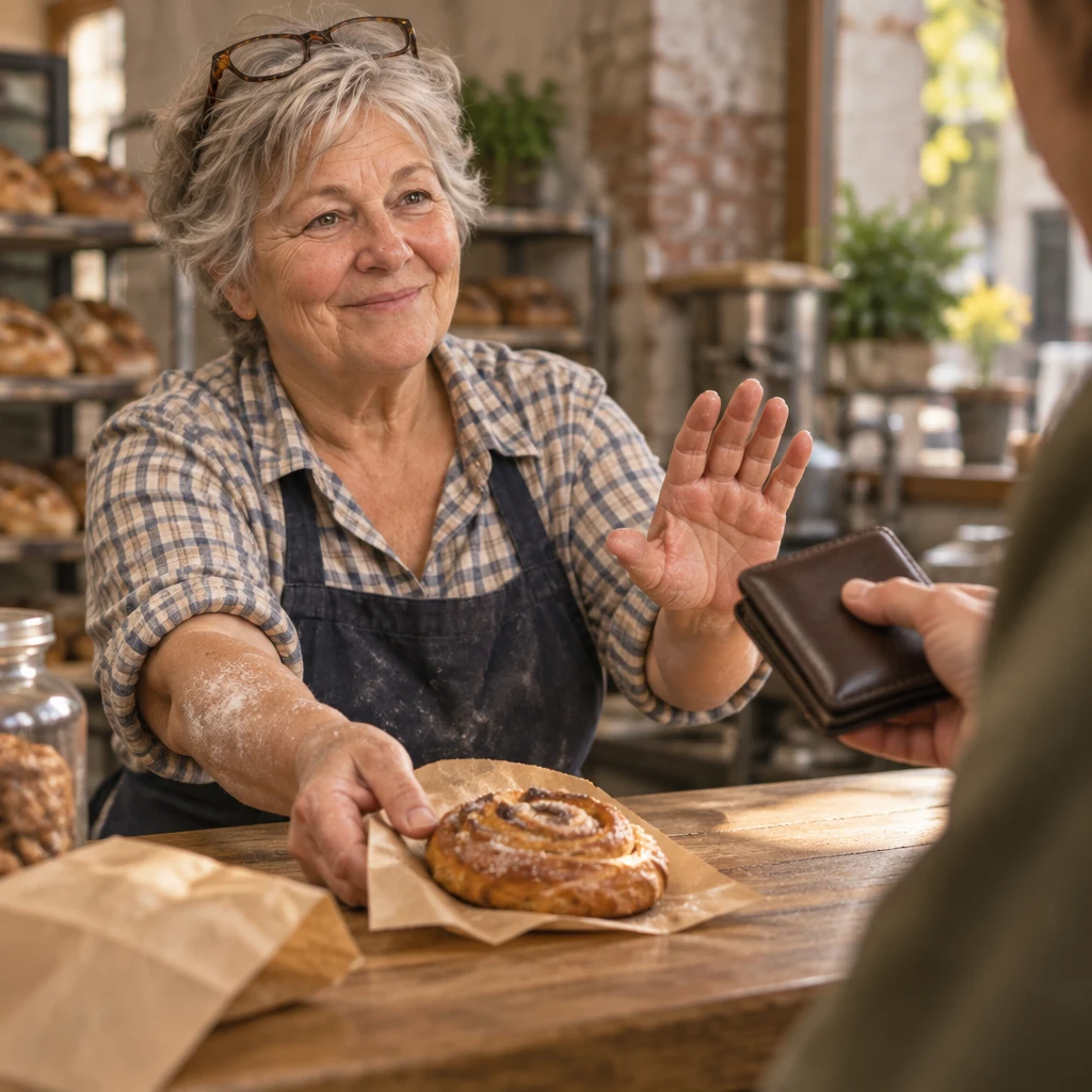 Renate slides a complimentary pastry toward the tourist and gently waves away the offered wallet.