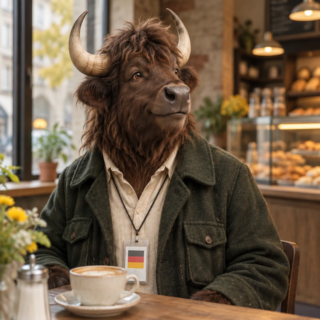 Anton pauses over his full Milchkaffee with a baffled look toward the counter.