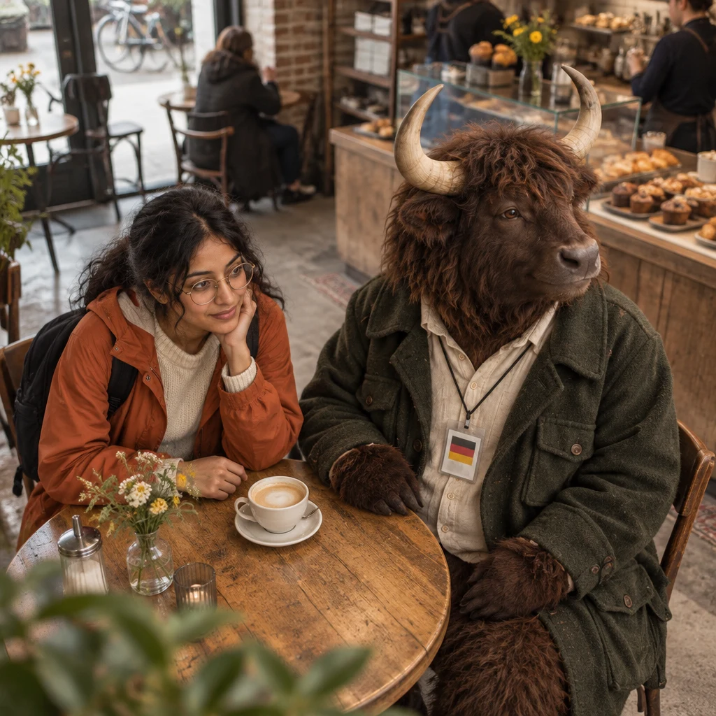 Priya considers the awkward situation while Anton sits beside his untouched coffee.