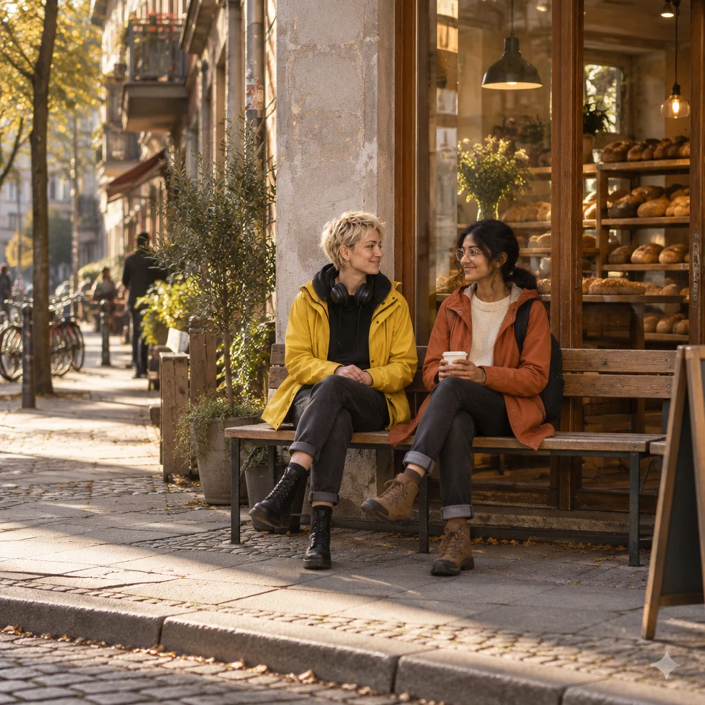 Jule and Priya sit together on the wooden bench outside Bäckerei Krause in the late afternoon sun.