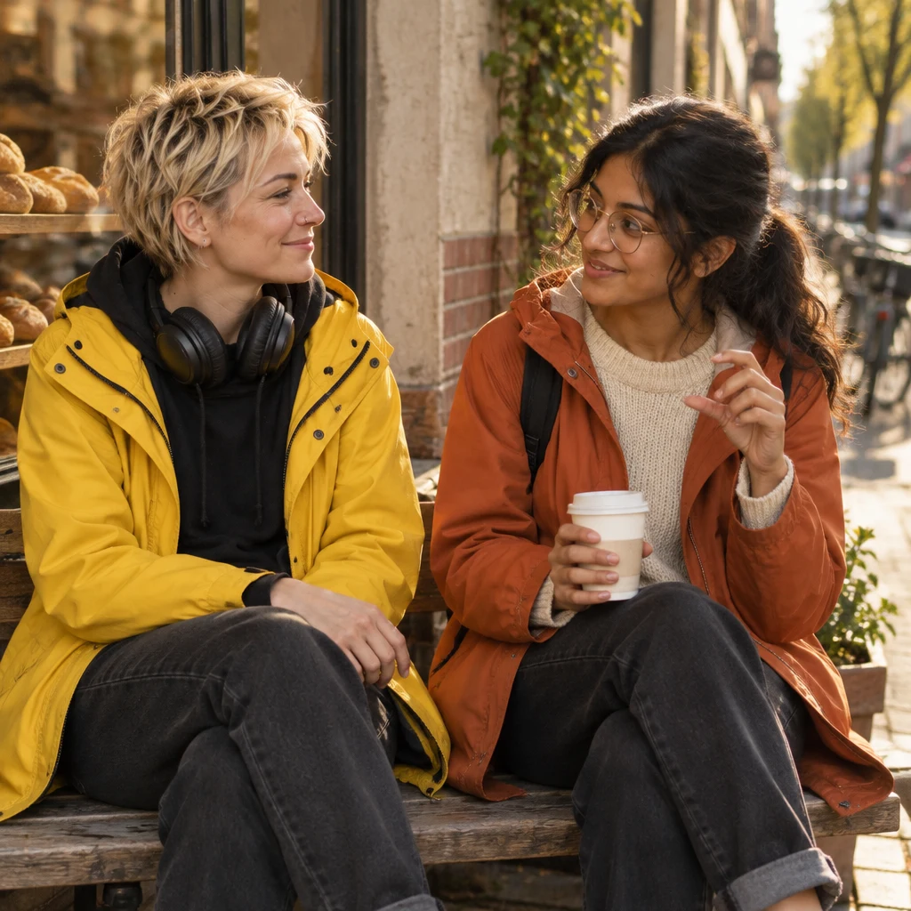 Priya turns toward Jule and makes a small gesture as she compares life back home with life here.