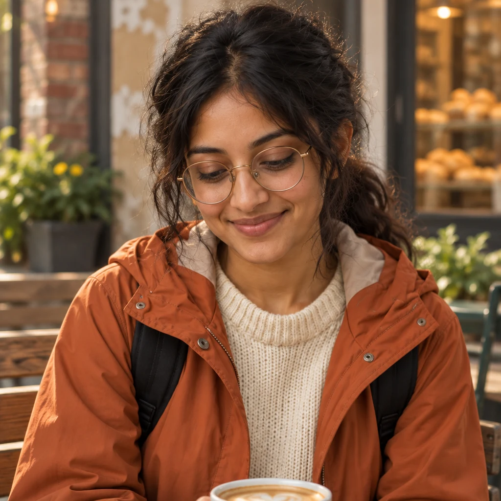Priya looks down toward her cup while recalling that settling in was difficult at first.
