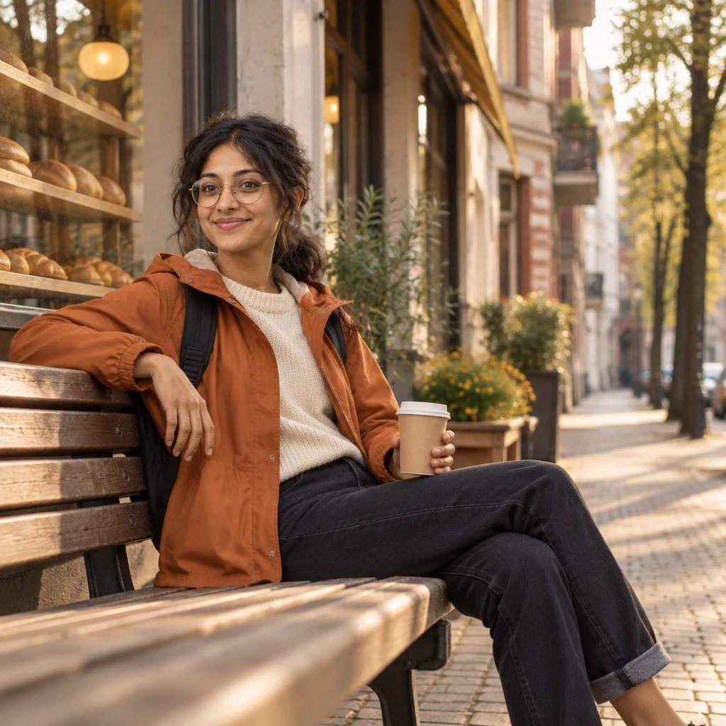 Priya sits back with an open, settled posture as she explains that she has made herself at home by now.