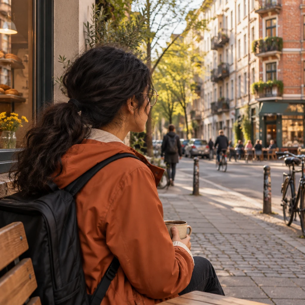 Priya looks out from the bench toward the surrounding Kreuzberg neighbourhood she especially likes.