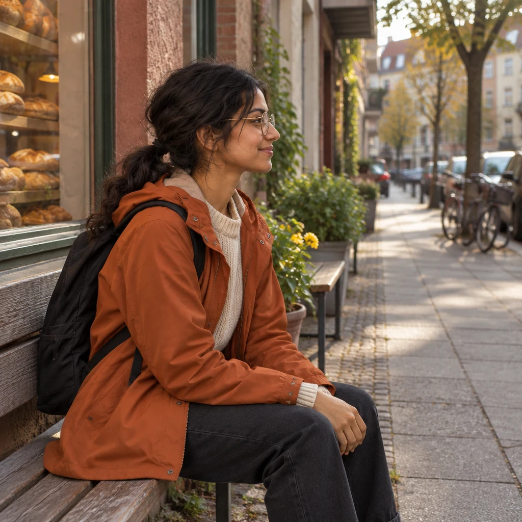 Priya turns slightly away on the bench, reflecting that some things in Berlin still feel unfamiliar.