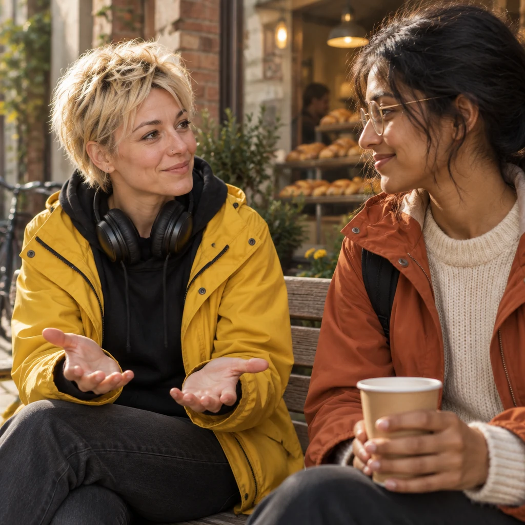 Jule opens both palms in a balanced gesture as Priya considers the advantages and drawbacks of both places.