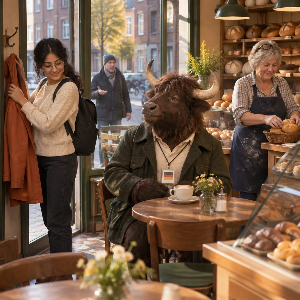 Priya hangs her coat while Anton waits at the corner table and Renate restacks rolls.
