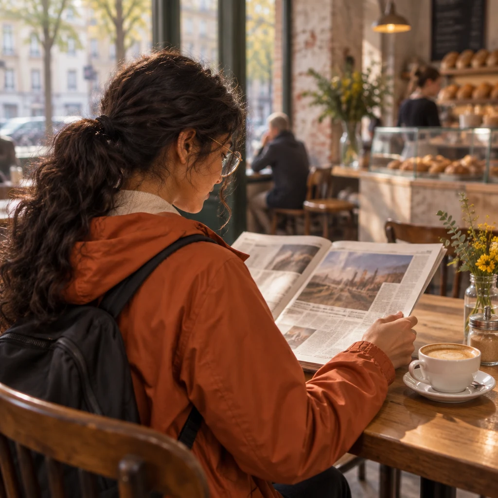 Priya looks over an open newspaper at the corner table.