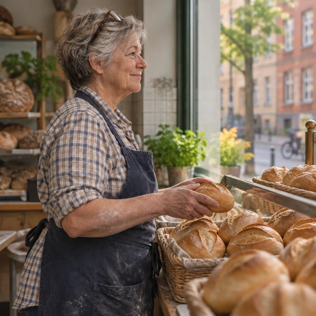 Renate pauses with a roll in hand and listens toward the street.
