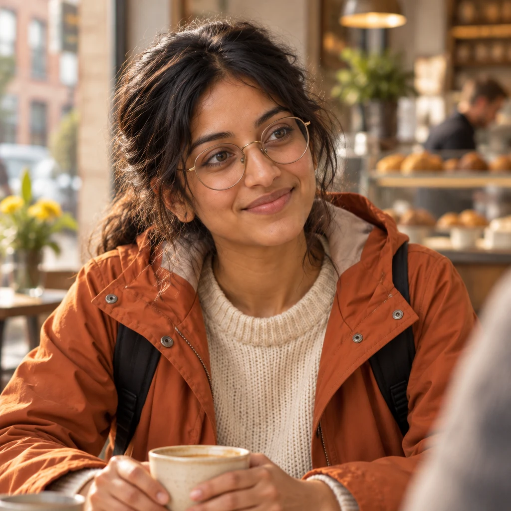 Priya leans forward with a thoughtful reaction and a small shake of her head.