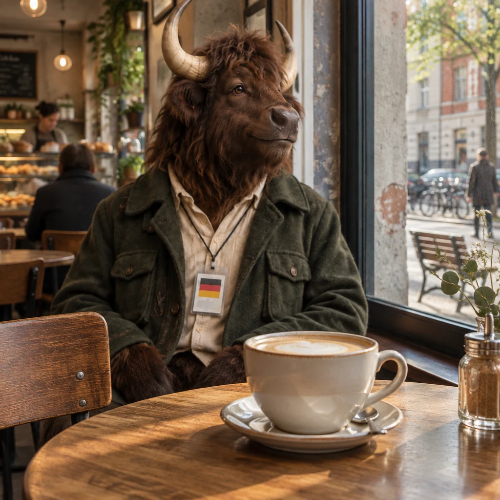 Anton turns toward the window while his full Milchkaffee remains untouched.