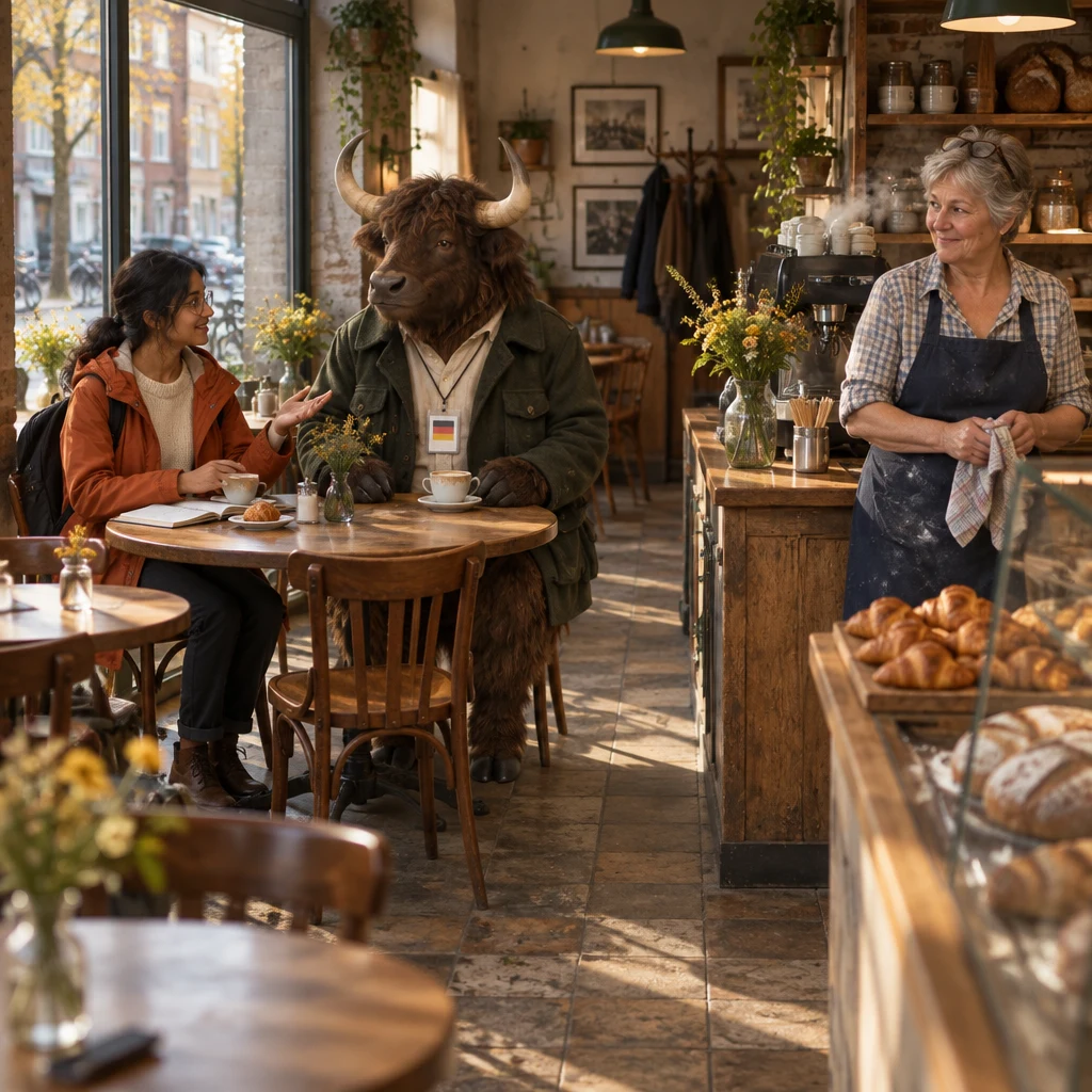 Priya begins recounting her year at the corner table while Renate looks over from the counter.