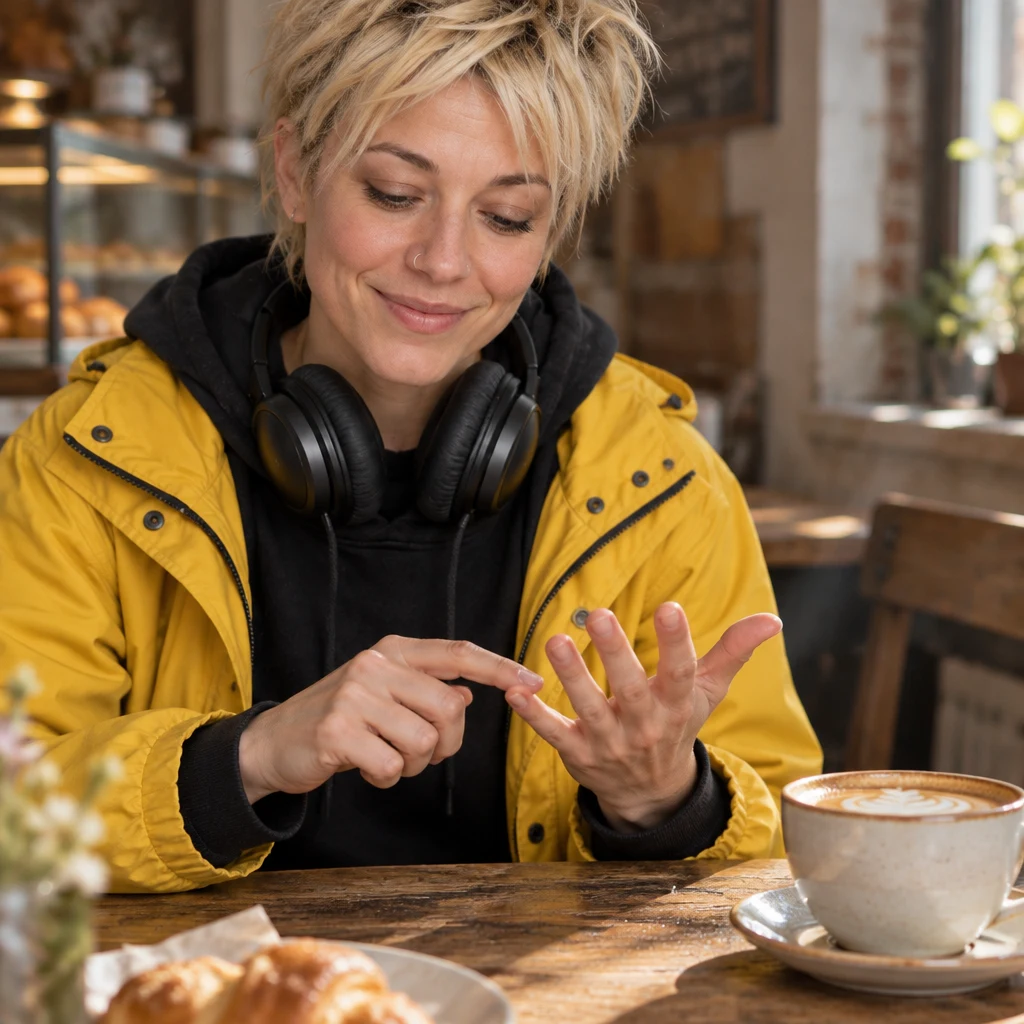 Jule calmly counts off the trip's promising beginning on her fingers beside the coffee cup.