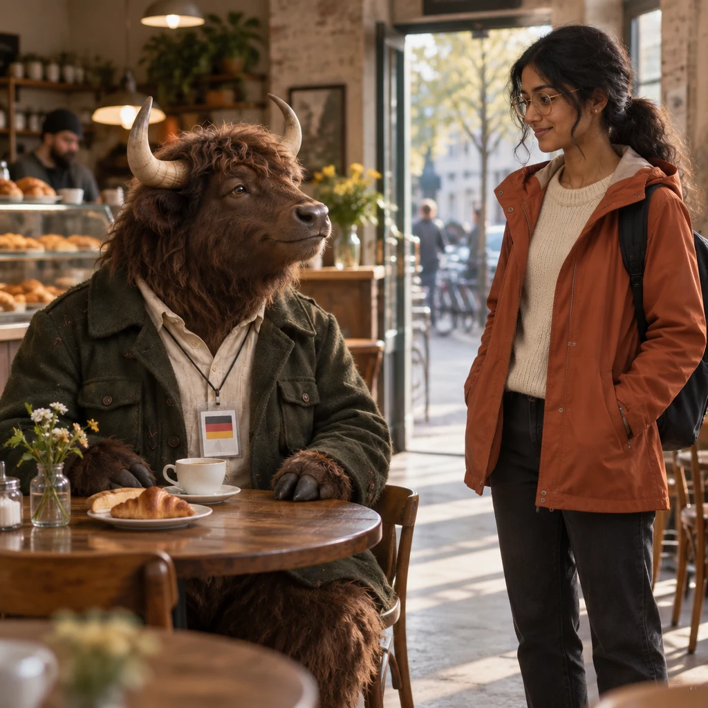 Anton sits across both chairs while Priya stands beside the table.