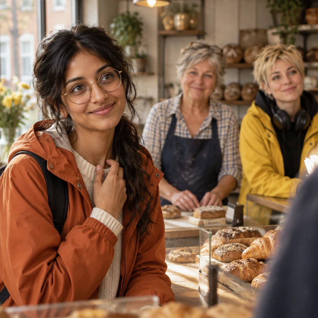 Priya looks warmly toward Renate and Jule at the counter.