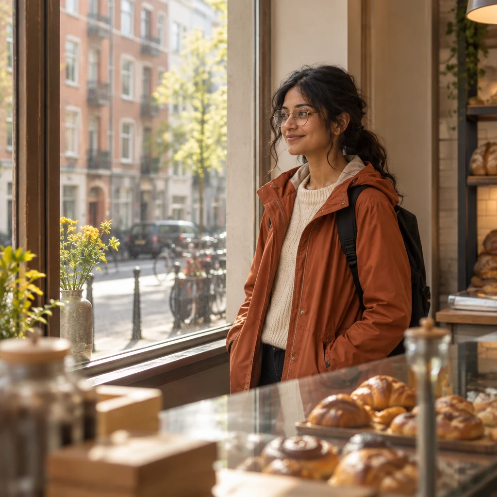 Priya pauses by the bakery window and looks out at the bright morning street.