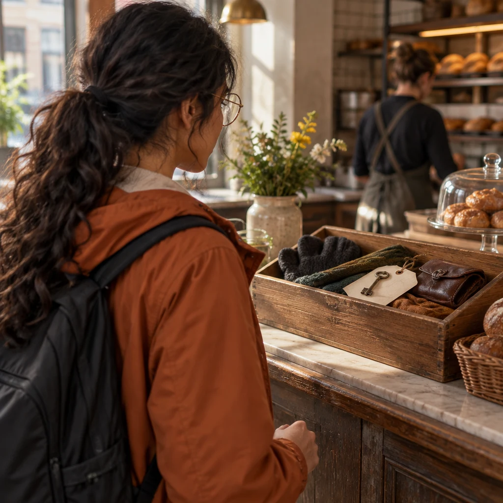Priya glances toward the lost-and-found box and the old key behind the counter.