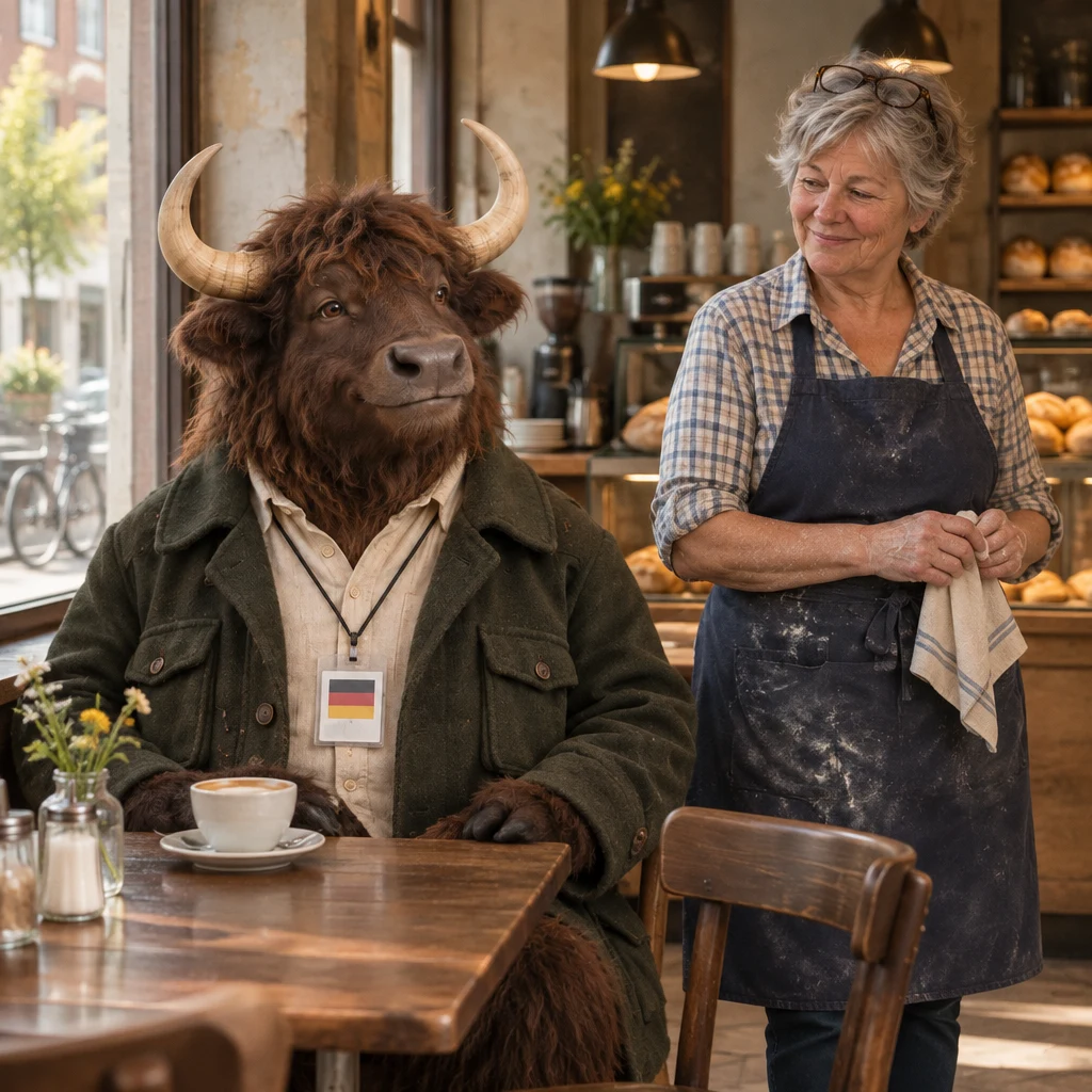 Anton sits at the bakery corner table with Renate beside him and his milky coffee still waiting.