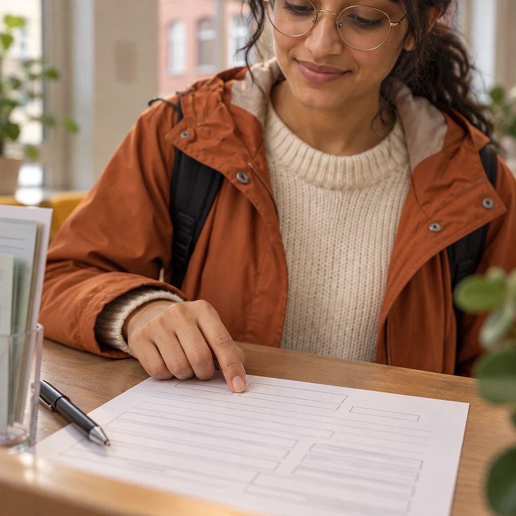 Priya points to an empty box on the form.