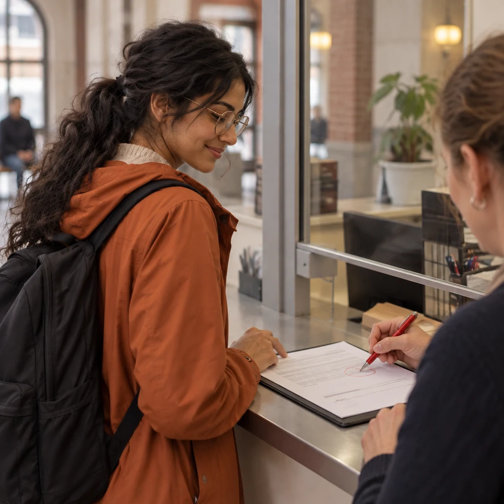 Priya turns toward the clerk as a pen marks the signature line on the form.