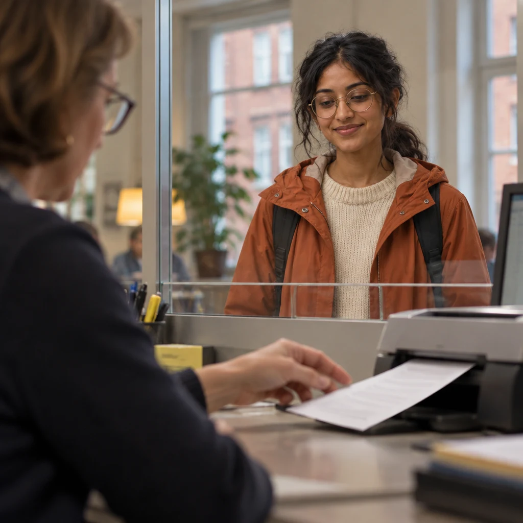 The form fails to feed through the scanner, and the clerk pauses while Priya watches.