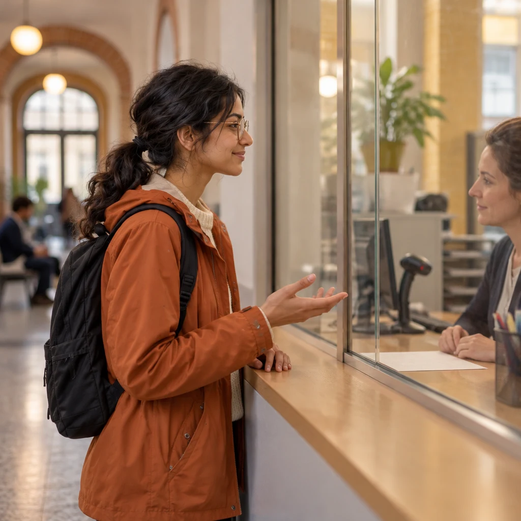 Priya asks for the registration certificate while the clerk listens at the window.
