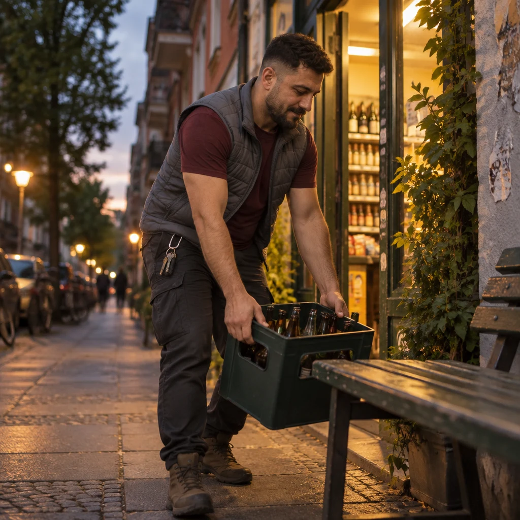 Deniz comes out of the Späti carrying a crate and sets it down beside the bench.