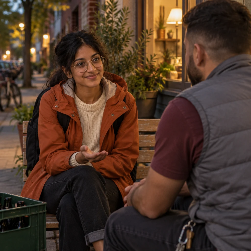 Priya leans toward Deniz with sympathy and checks whether he is okay.