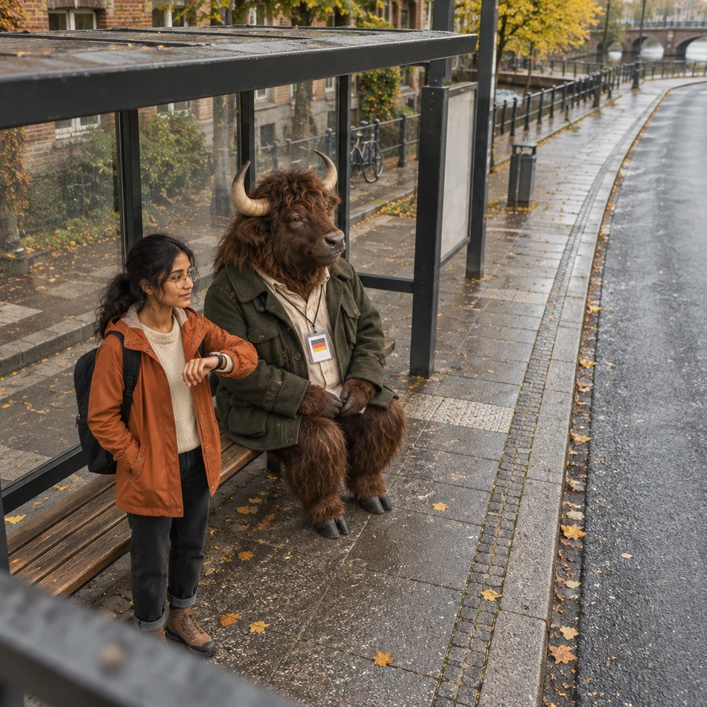 Priya and Anton wait after the expected bus has not arrived.