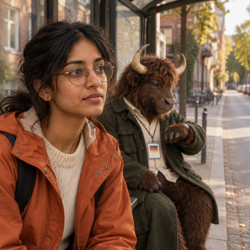 Priya notices the bus is late as Anton checks the time and waits with her.