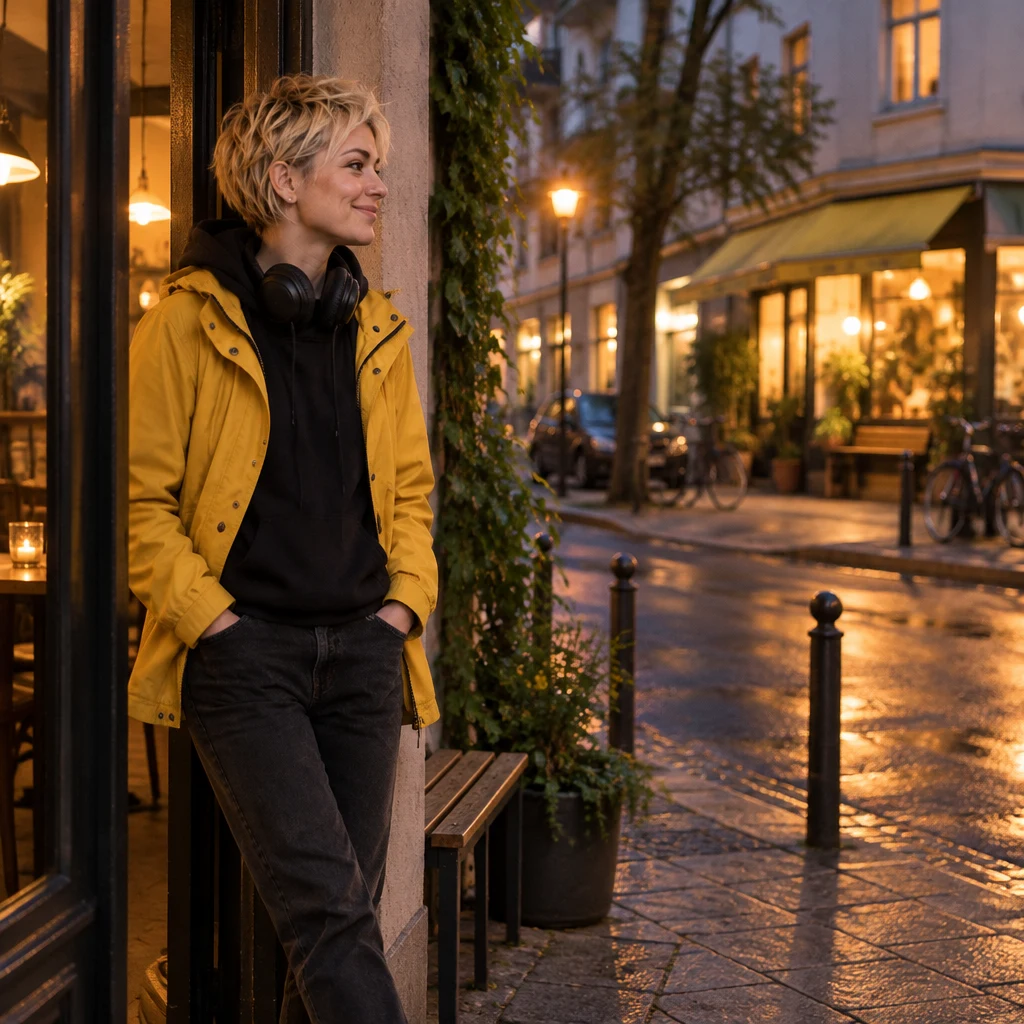Jule pauses at the threshold, angled toward the shop across the street.