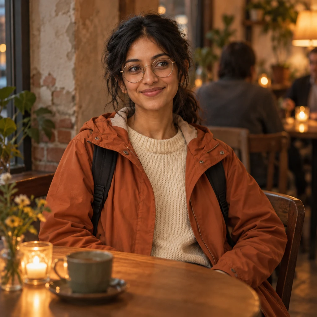 Priya settles back into her chair, still staying at the table for now.