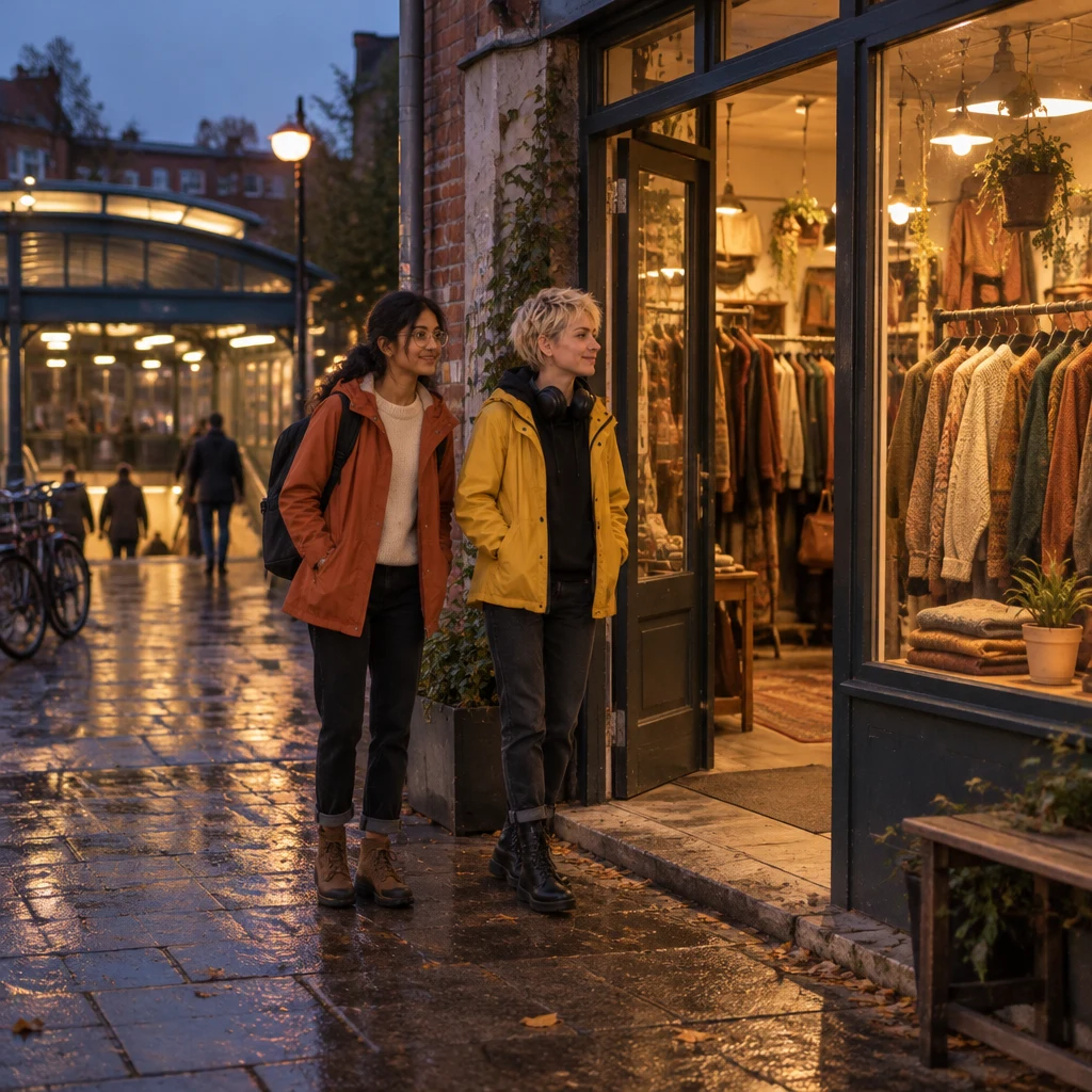 Priya and Jule arrive outside a small clothes shop near the station.