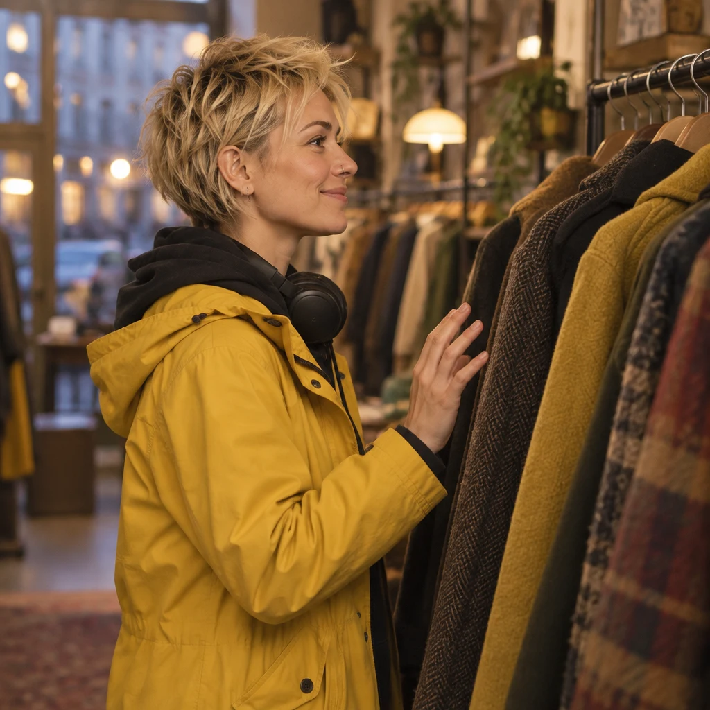 Jule browses the coats and politely indicates that she is only looking.