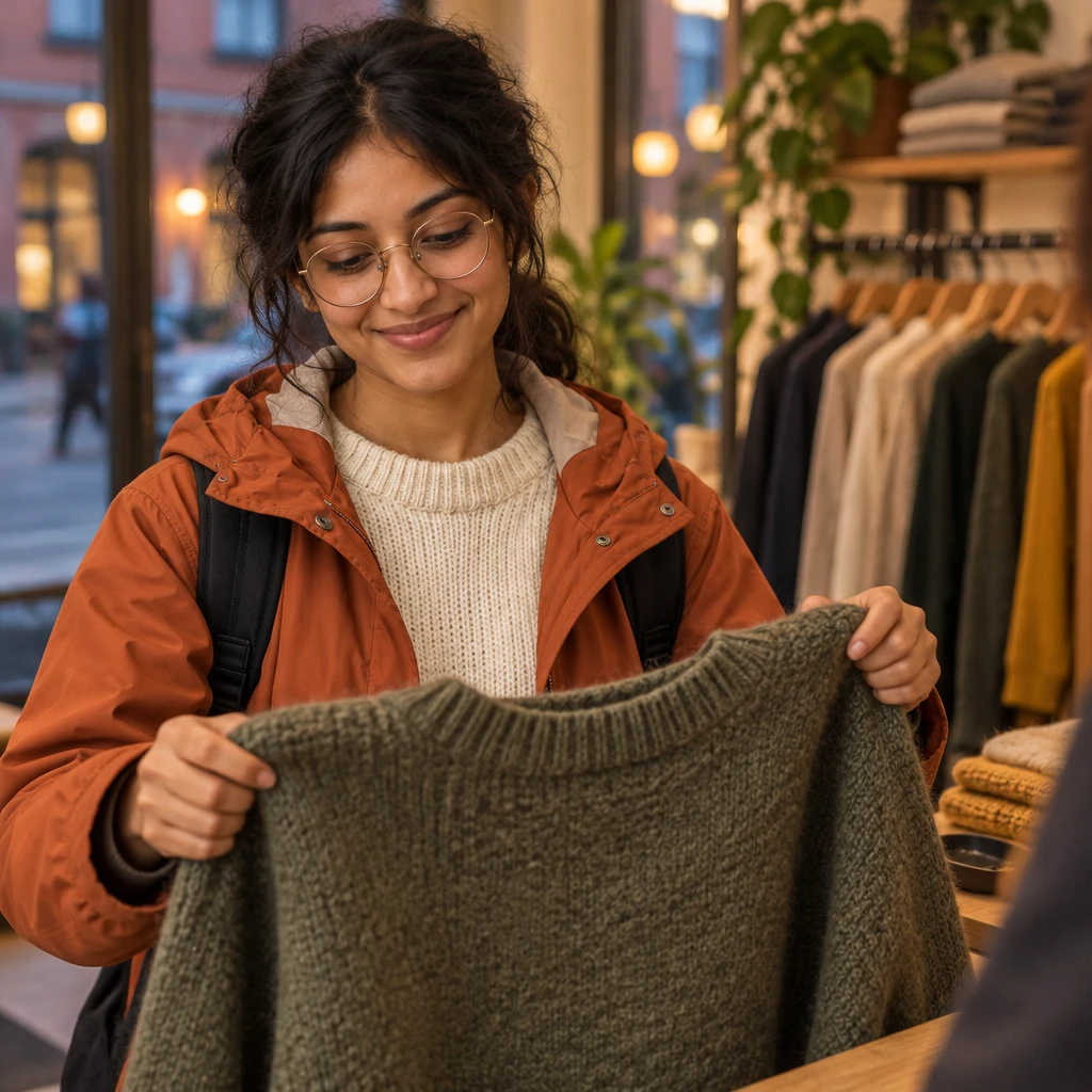 Priya holds up a jumper to ask whether it comes in her size.