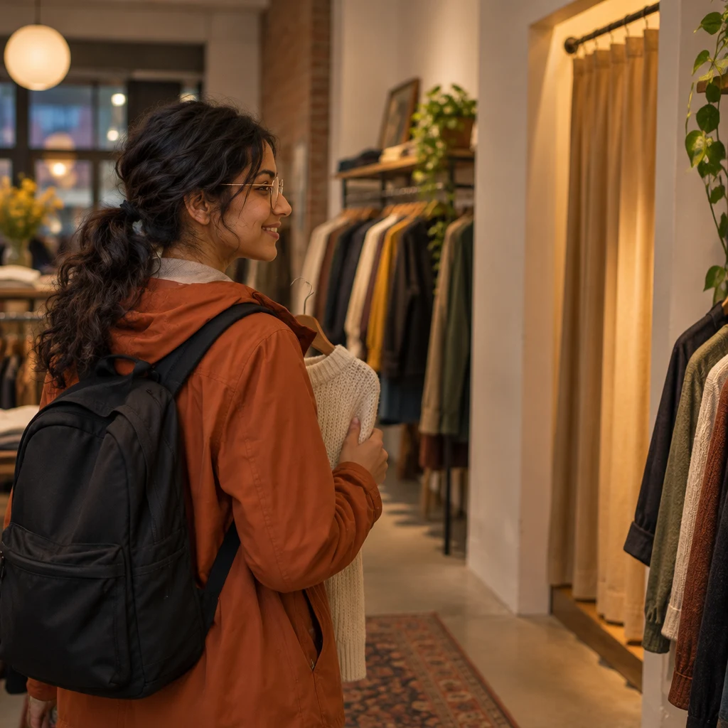 Priya turns toward the fitting-room area and asks where she can try the jumper on.