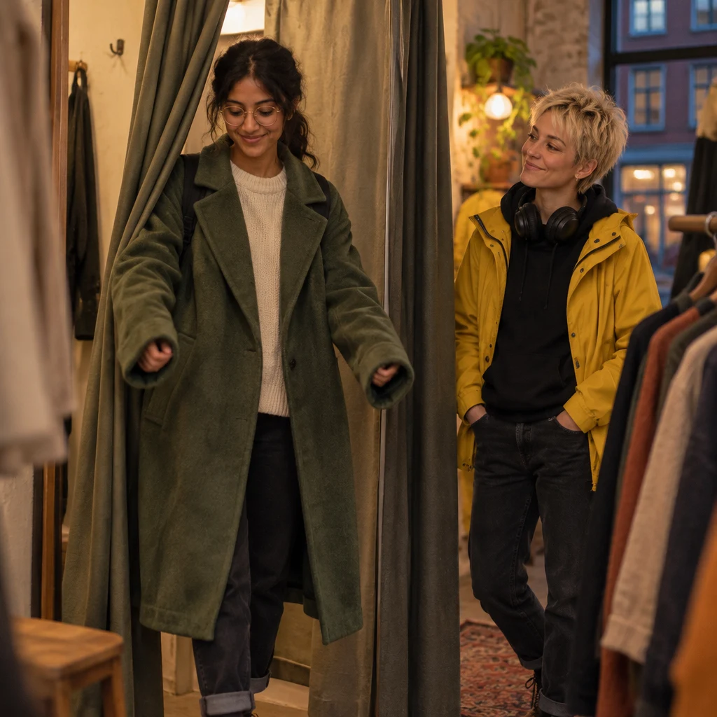 Priya steps out of the fitting room in the oversized green coat, which does not fit.