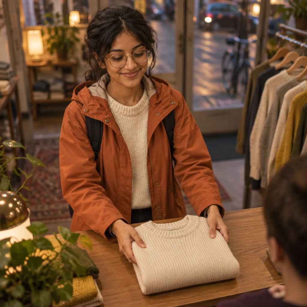 Priya places the jumper on the counter, ready to buy it.
