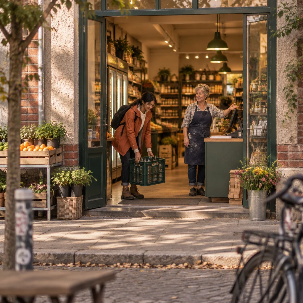 Priya sets her crate of empty bottles down just inside the supermarket entrance while Renate gestures toward the shop interior.