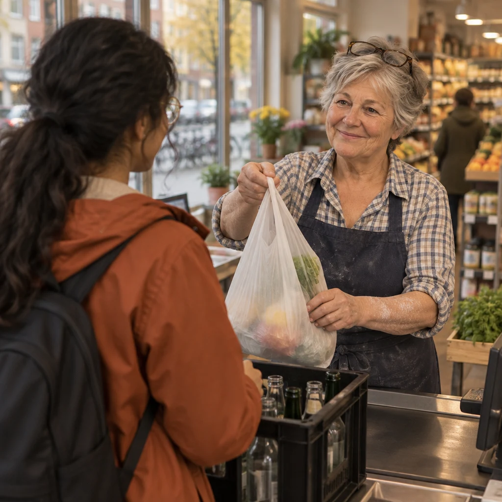 Renate holds out a plastic bag toward Priya at the checkout.