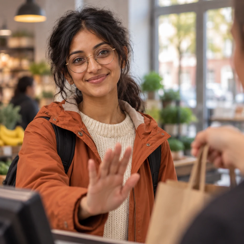 Priya politely raises a palm to refuse the bag.
