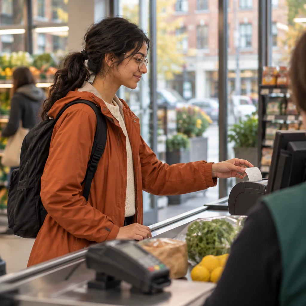 Priya reaches toward the receipt printer at the checkout.