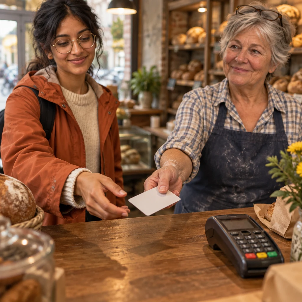 Renate offers Priya a loyalty card beside the checkout terminal.