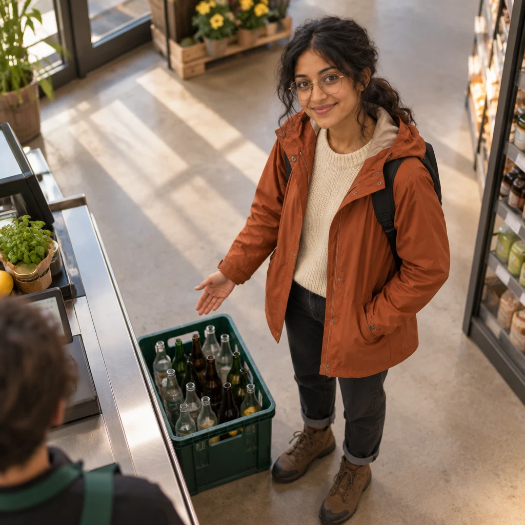 Priya indicates her crate of empty bottles beside the checkout.