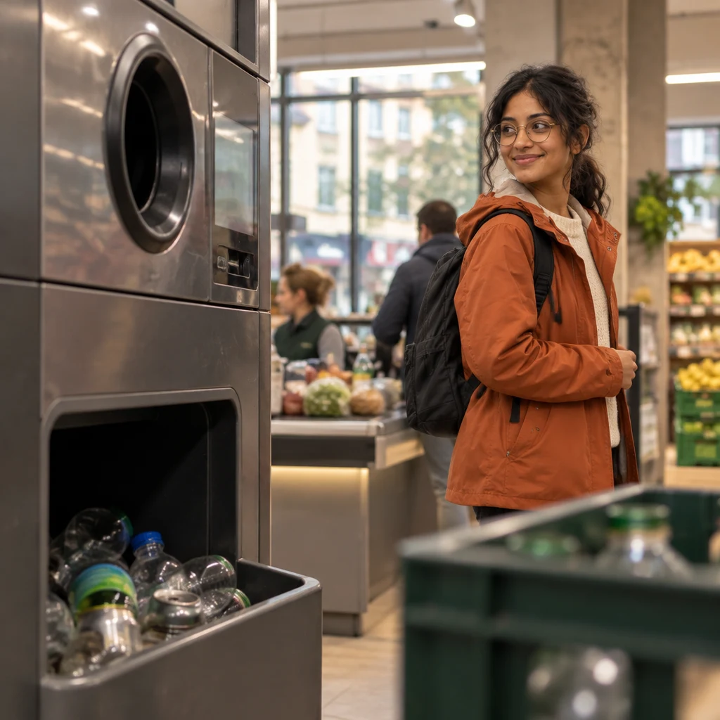 Priya scans the shop for the bottle-return machine after turning from the till.