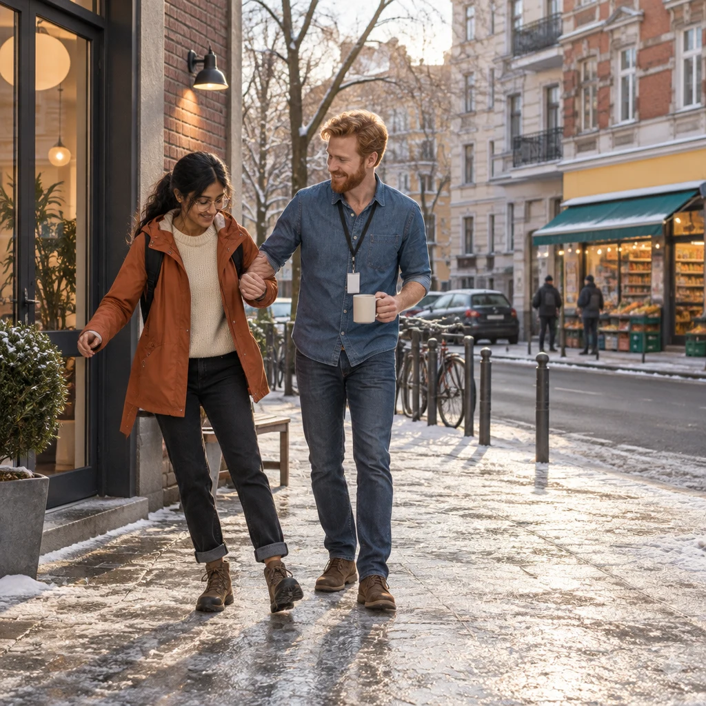 Priya’s boot slides slightly on the icy street as Jonas reaches to steady her.